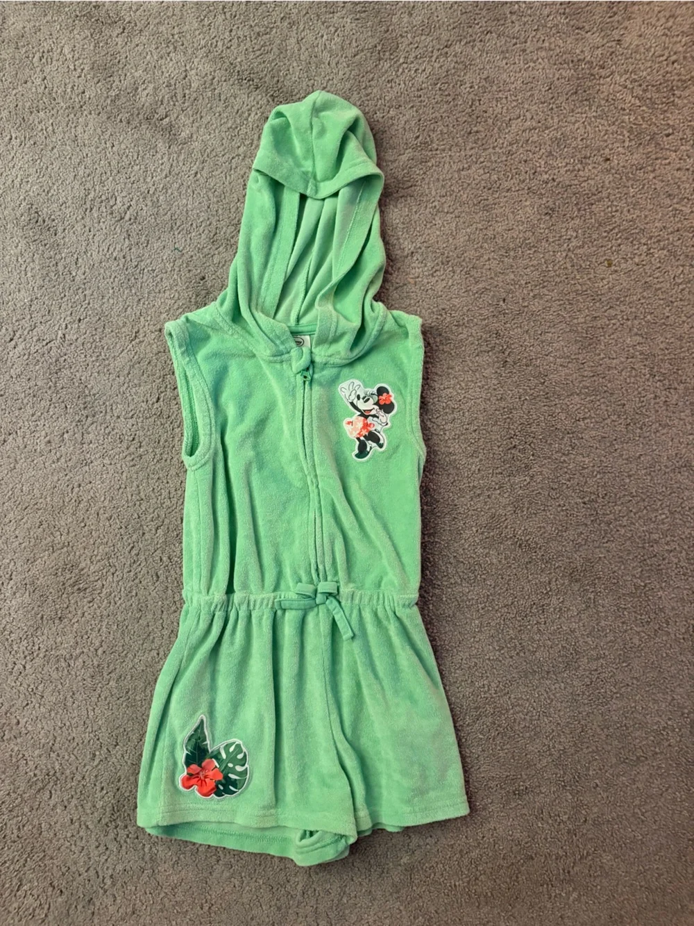 Disney Girls Green Hooded One-Piece Romper with Minnie Floral Patches/Swim cover